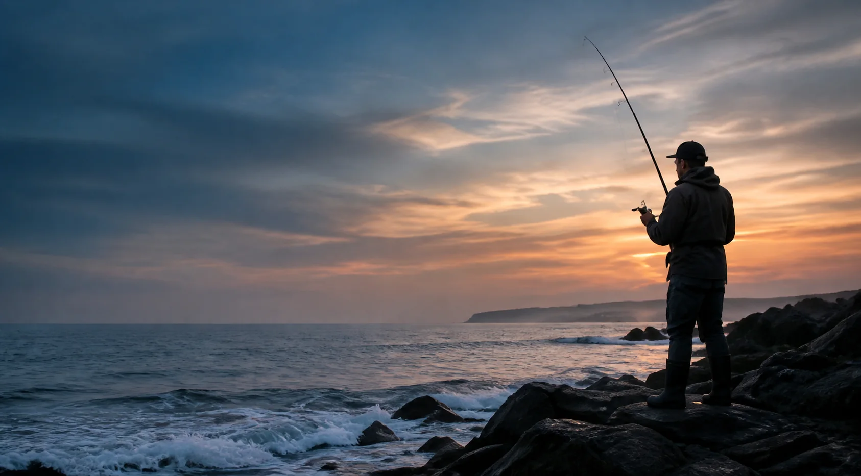 Shore fishing at sunset